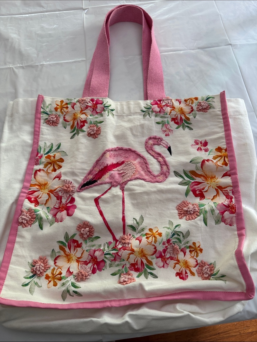 Pink Flamingo Floral Canvas Tote Bag